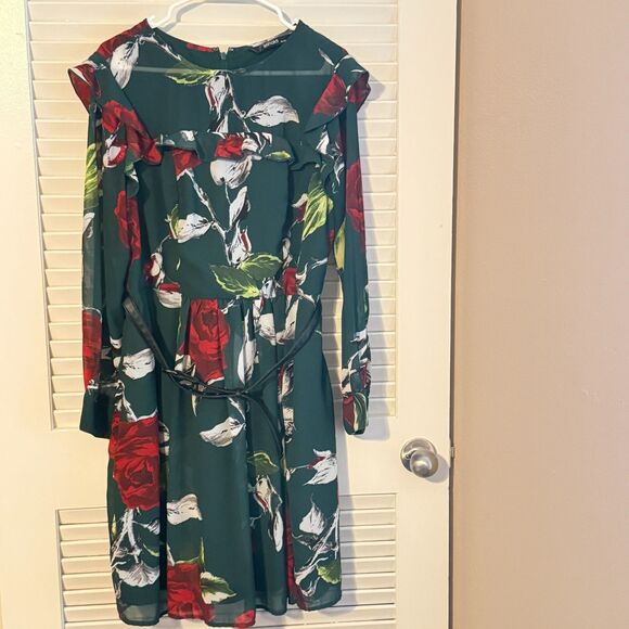 eShakti Green Floral Fit & Flare Dress Ruffle Faux Leather Belt 1X Dark Romantic - Picture 4 of 16